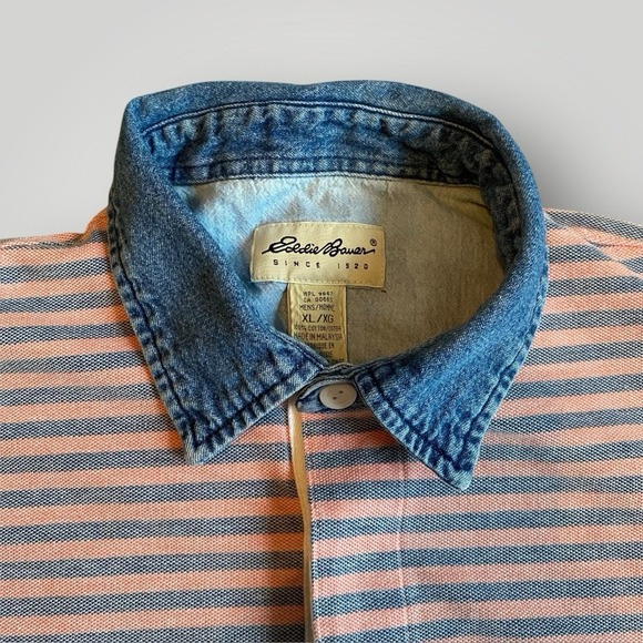 Eddie Bauer Shirt Men XL Blue Pink Striped Vintage Polo Cotton Denim Collar - Picture 4 of 5